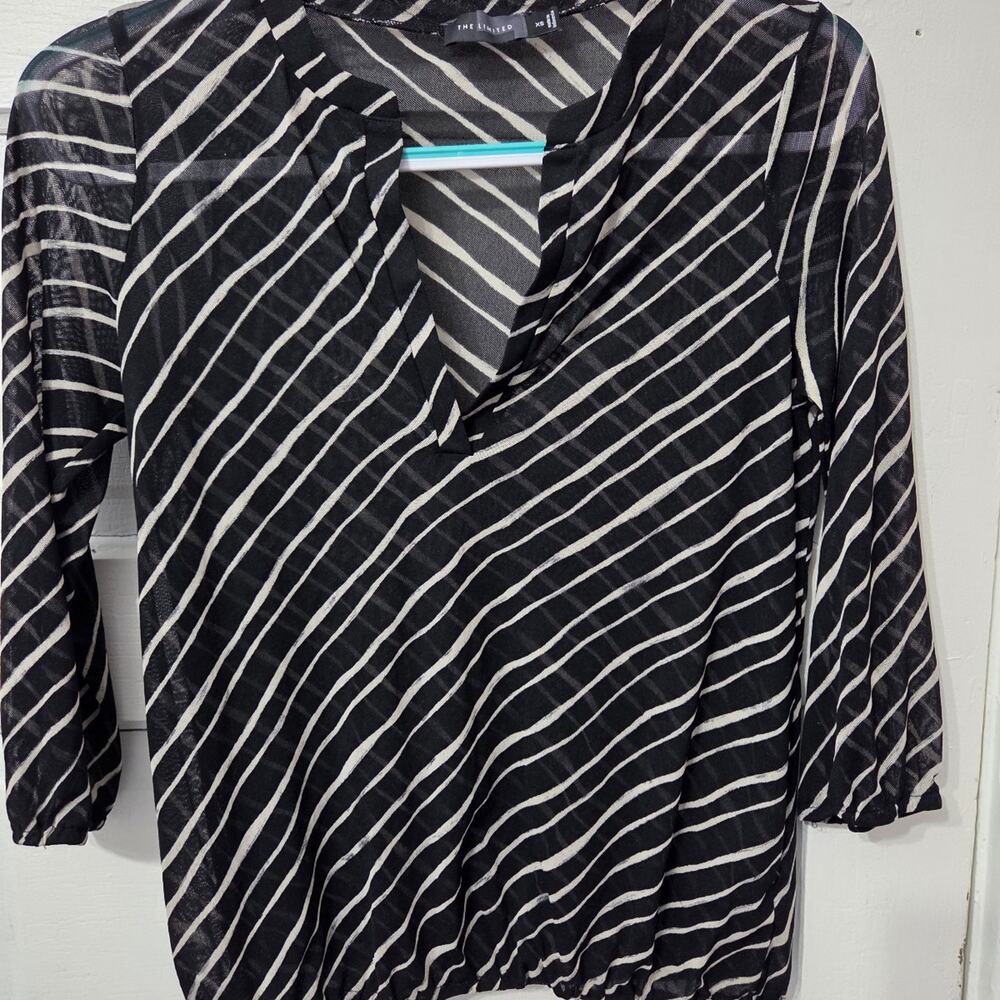 The Limited silky, see through Woman's Black Blouse with White Stripes size XS